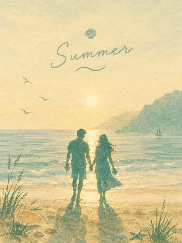 贝壳物语·盛夏信笺封面：暖阳沙滩上并肩的两人剪影与漂浮的信笺
